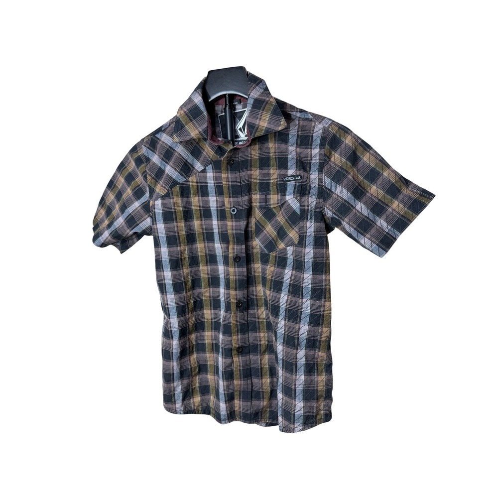 Volcom Hudson Kids Youth Medium Black Tan Plaid Short Sleeve Button Up Shirt